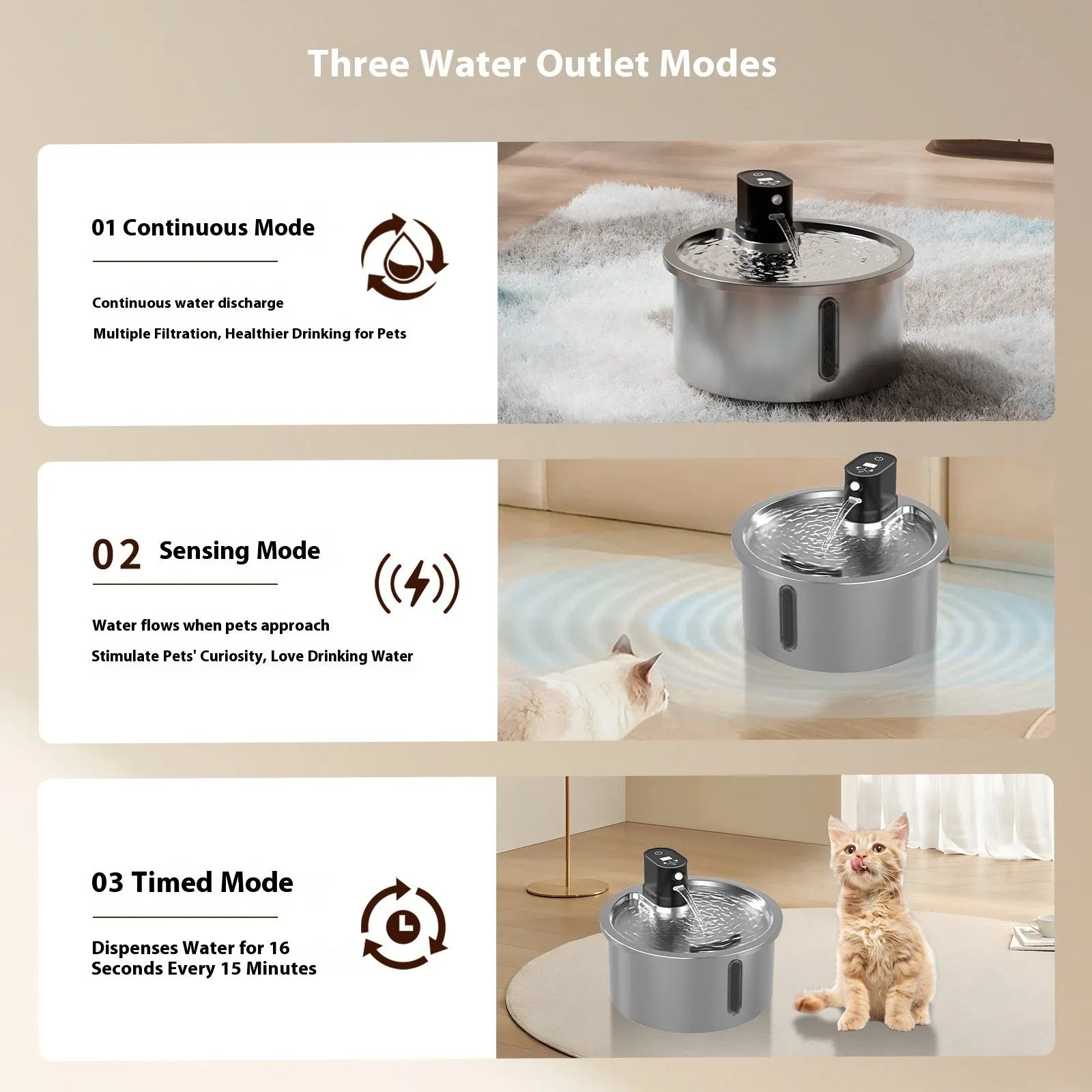 Stainless steel pet water fountain with heating base in white or black for cats and dogs