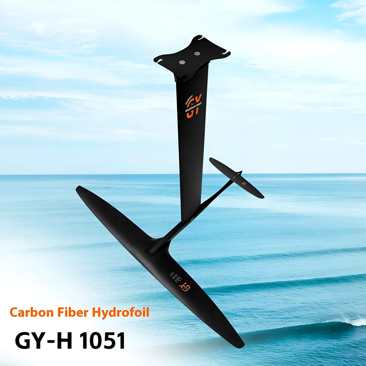 Black carbon fibre and aluminium alloy racing surf hydrofoil with wide front wing.