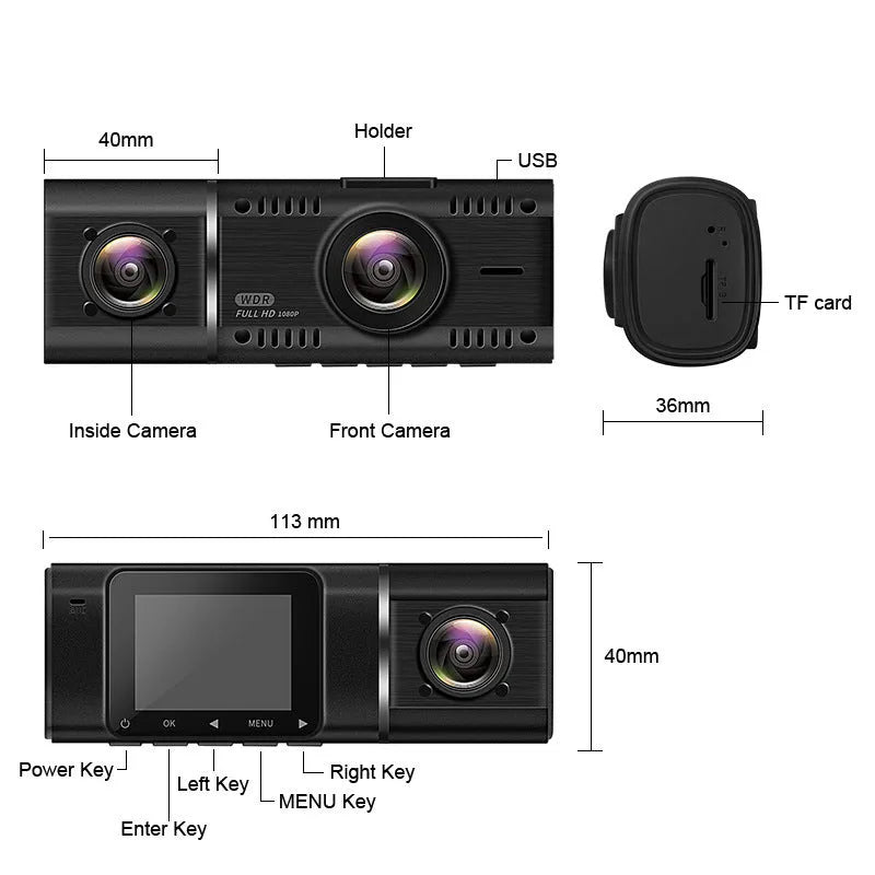 Standard black 1080p car dashcam with 1.5-inch screen for front and rear vehicle recording