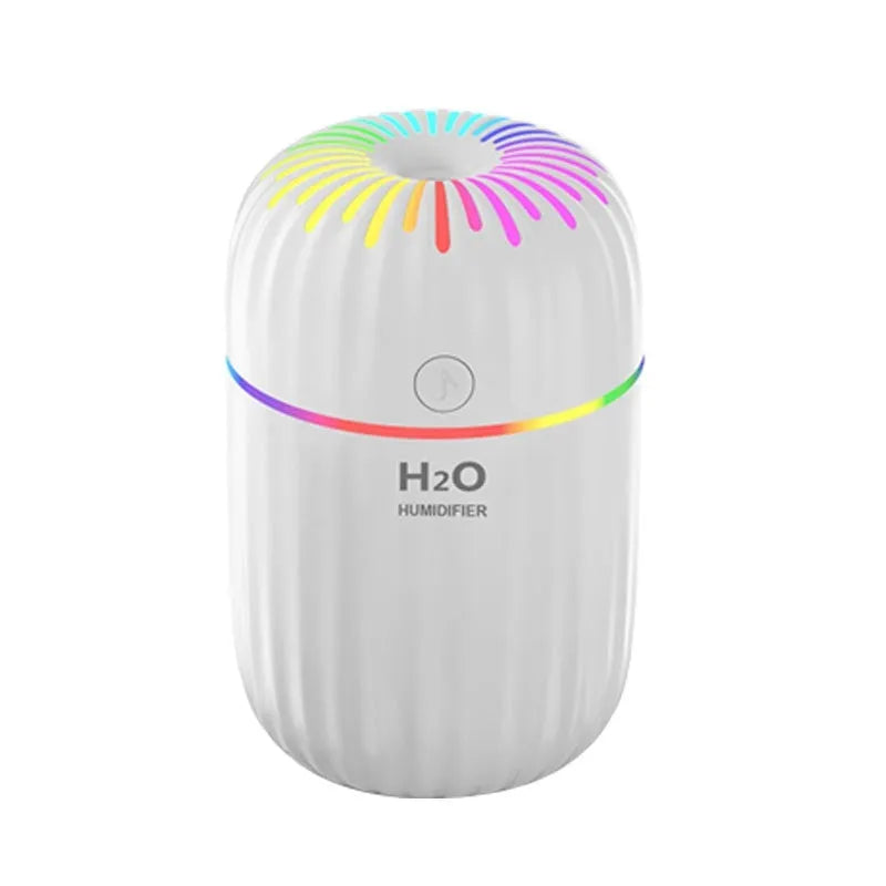 USB mini humidifier with fireworks design in white, pink, or green colours showing compact 75mm size