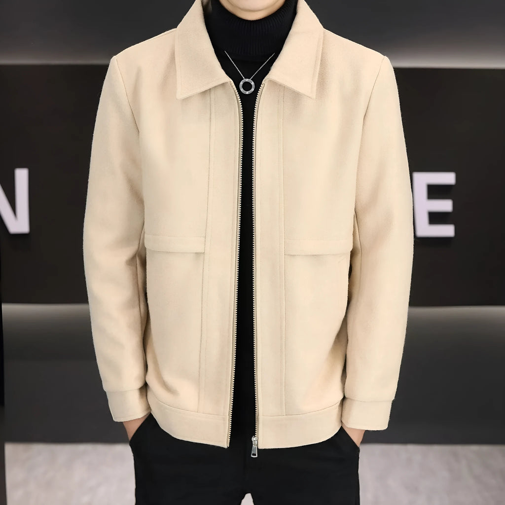 Casual polo collar jacket in cotton blend fabric with side seam pockets