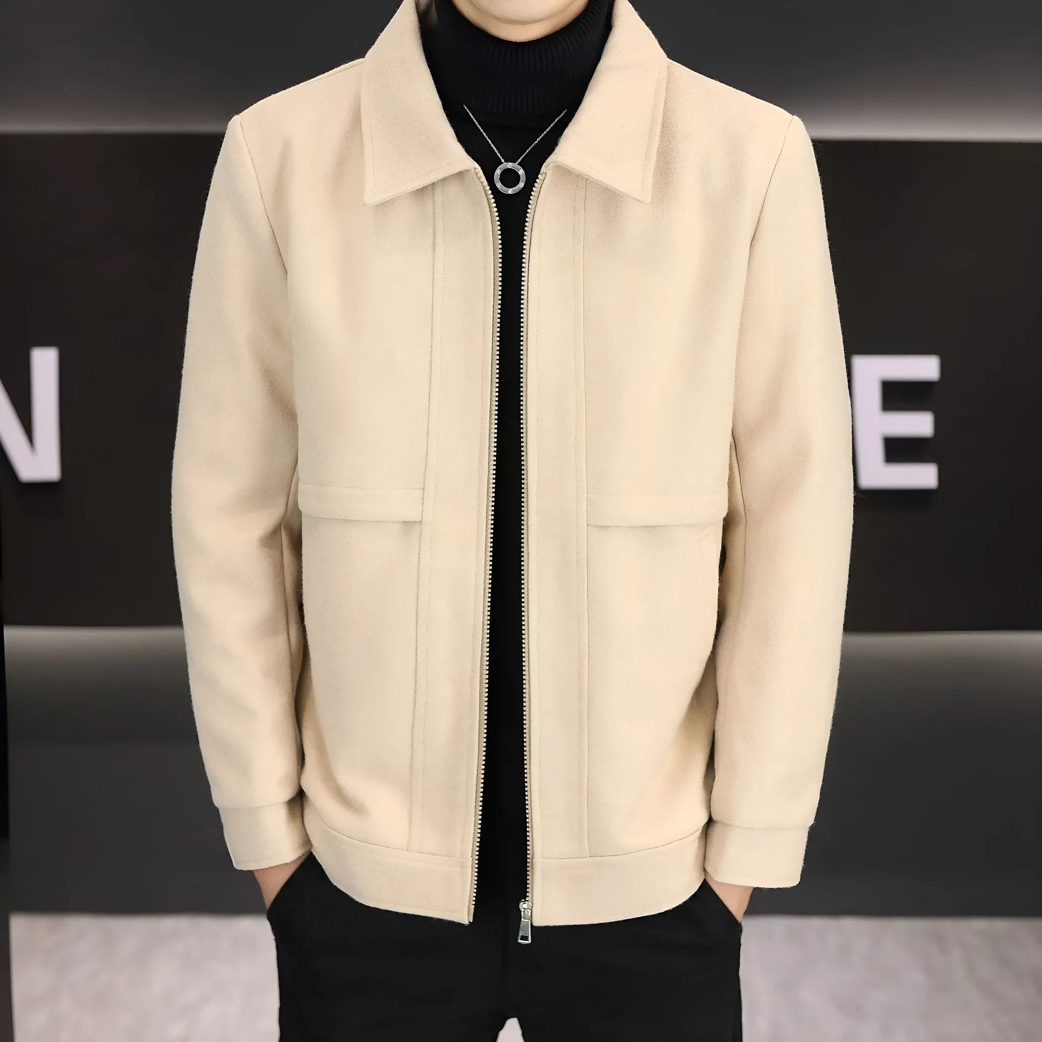 Casual polo collar jacket in cotton blend fabric with side seam pockets