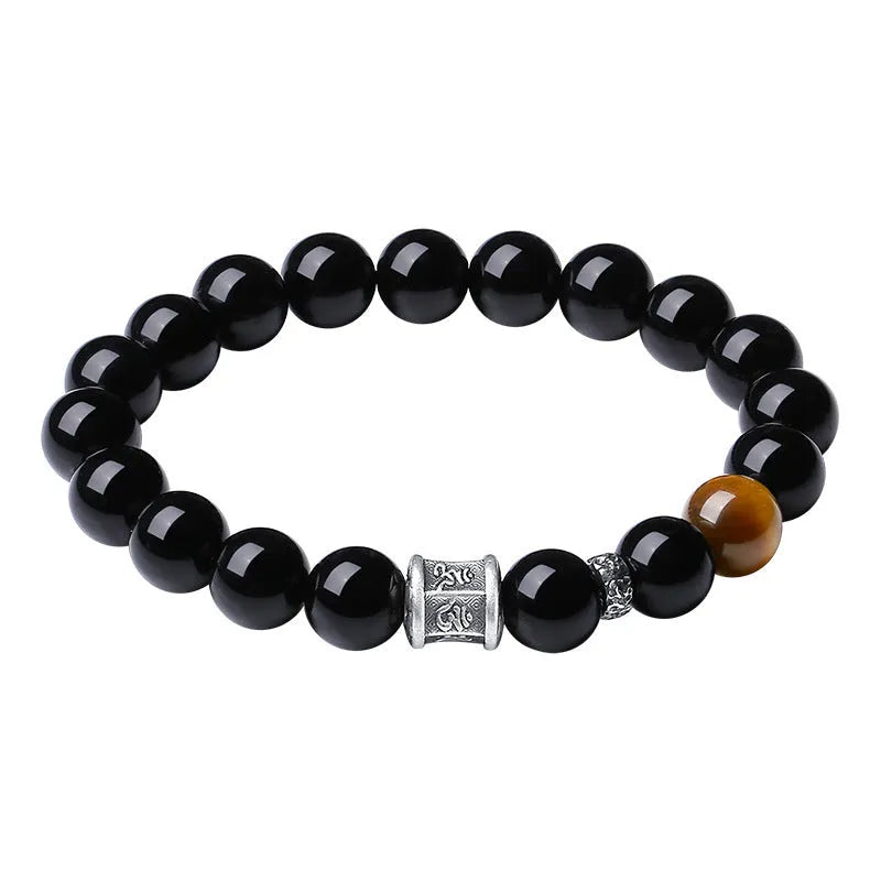 Pure silver obsidian six-word mantra bracelet with hand-woven construction and prayer wheel beads