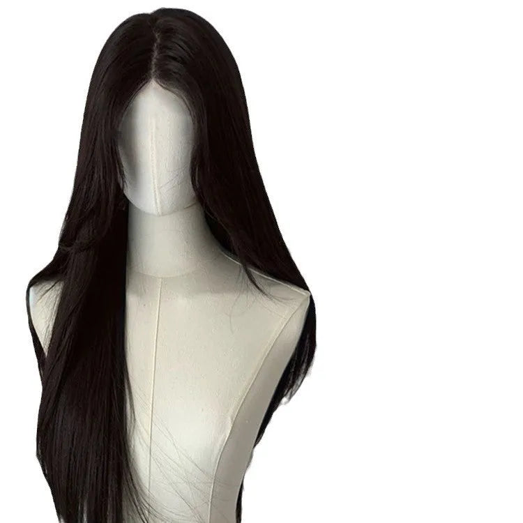Forehead lace long straight full-head wig with side bangs in high temperature fibre material