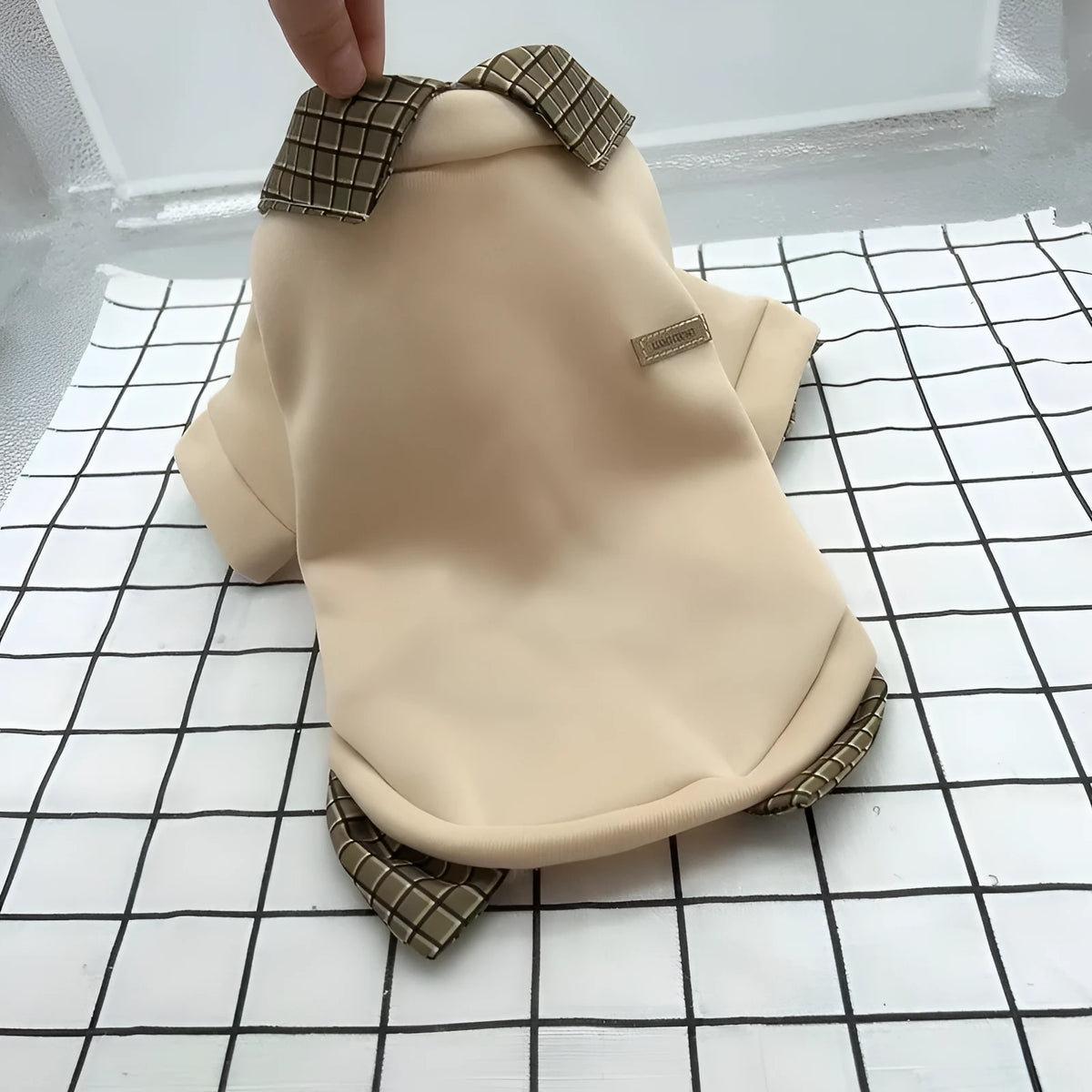 Grey velvet polyester dog sweater with detachable hoodie shown on canine model