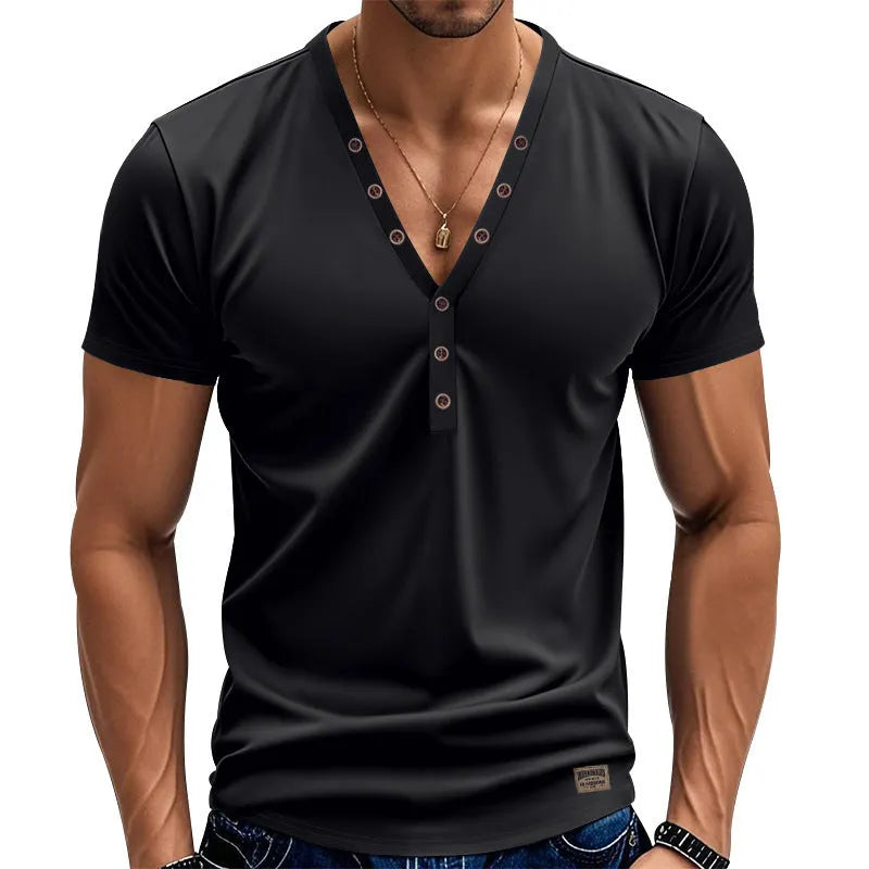Men's loose solid colour V-neck long sleeve pullover top with button detail.