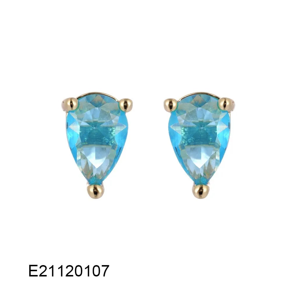 Gold-plated brass drop earrings with candy-colour pear-shaped zircon stones on copper