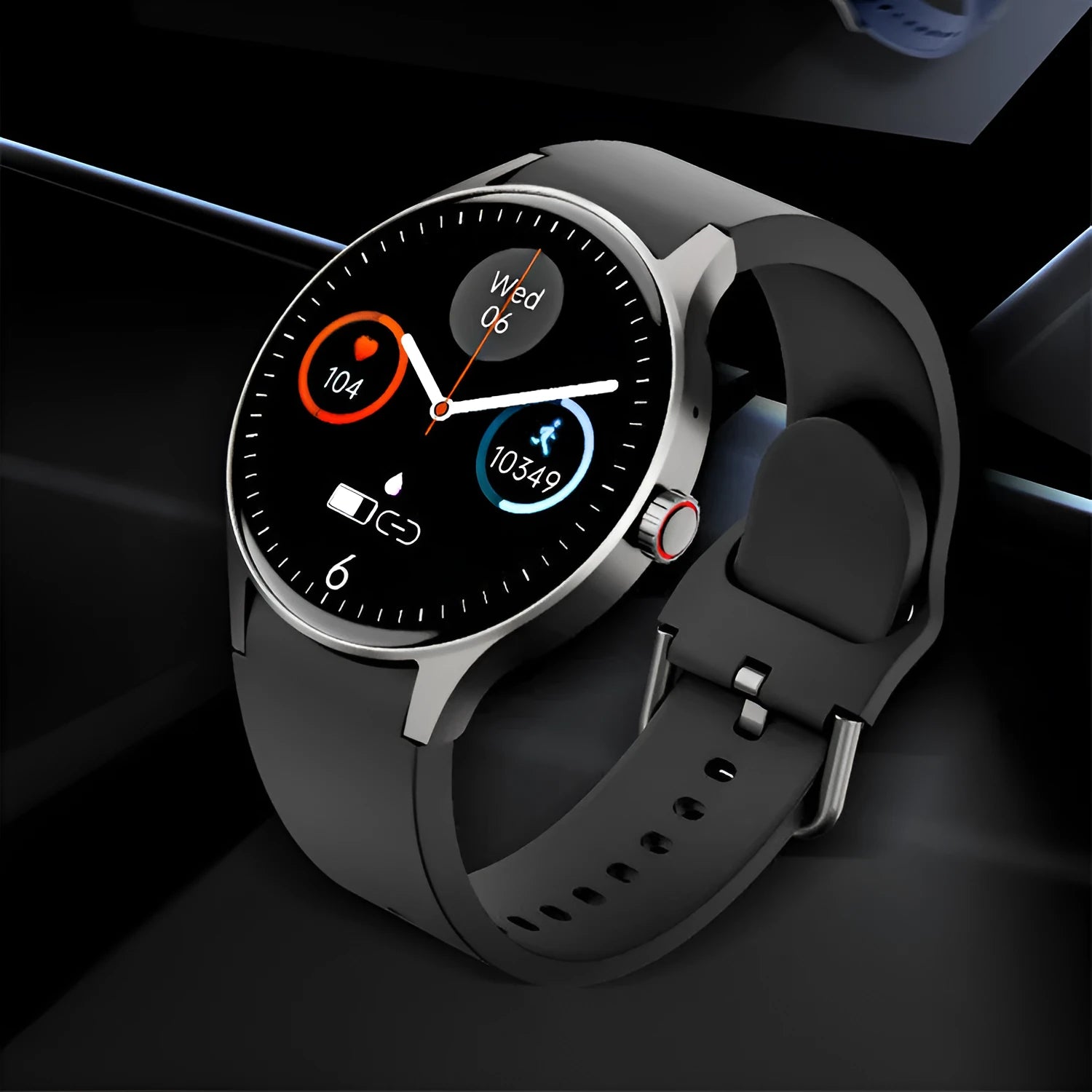 Black smart sport watch with 46mm round case and 1.43-inch touch screen on a wrist