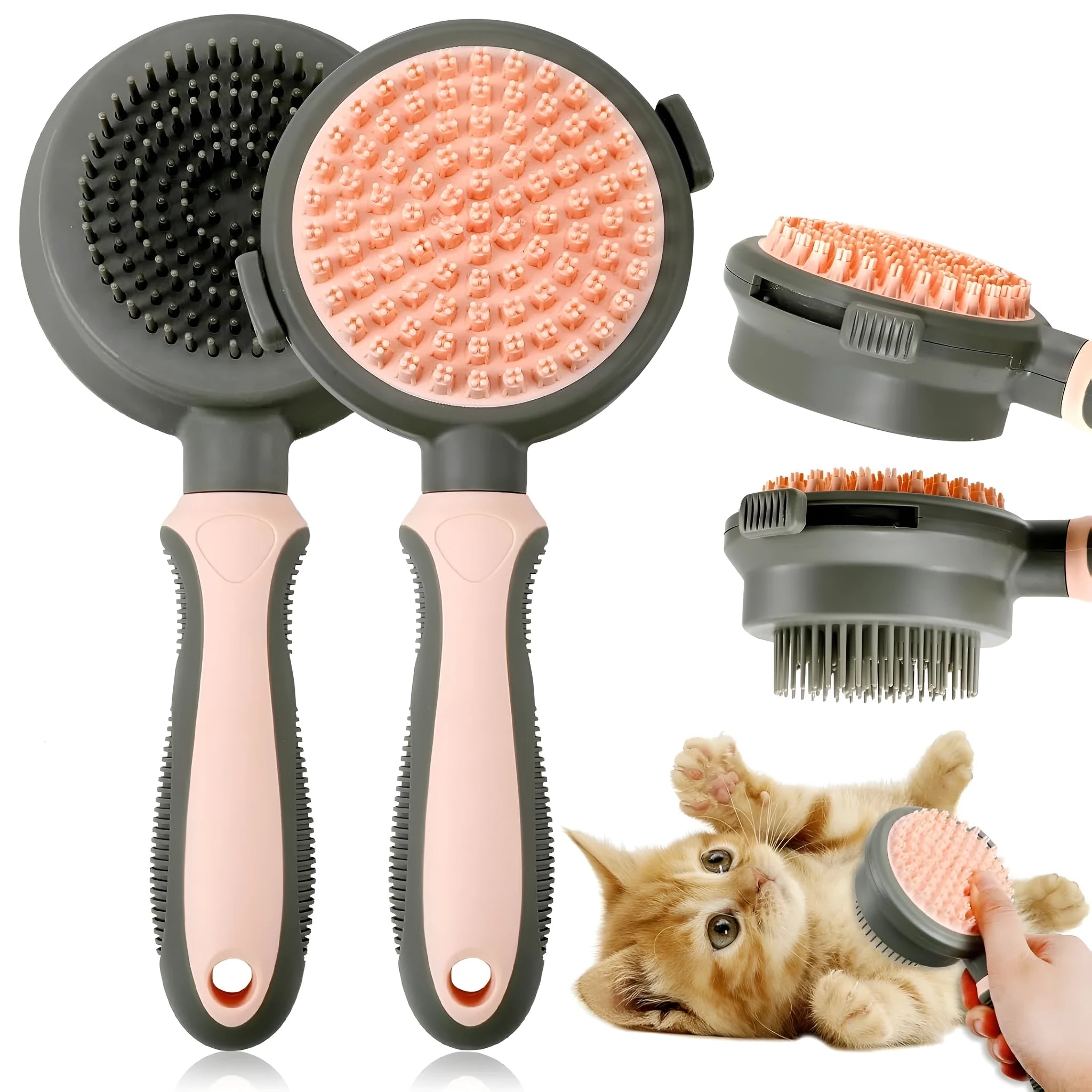 Double sided pink cat grooming brush with release button showing brush and flea comb sides