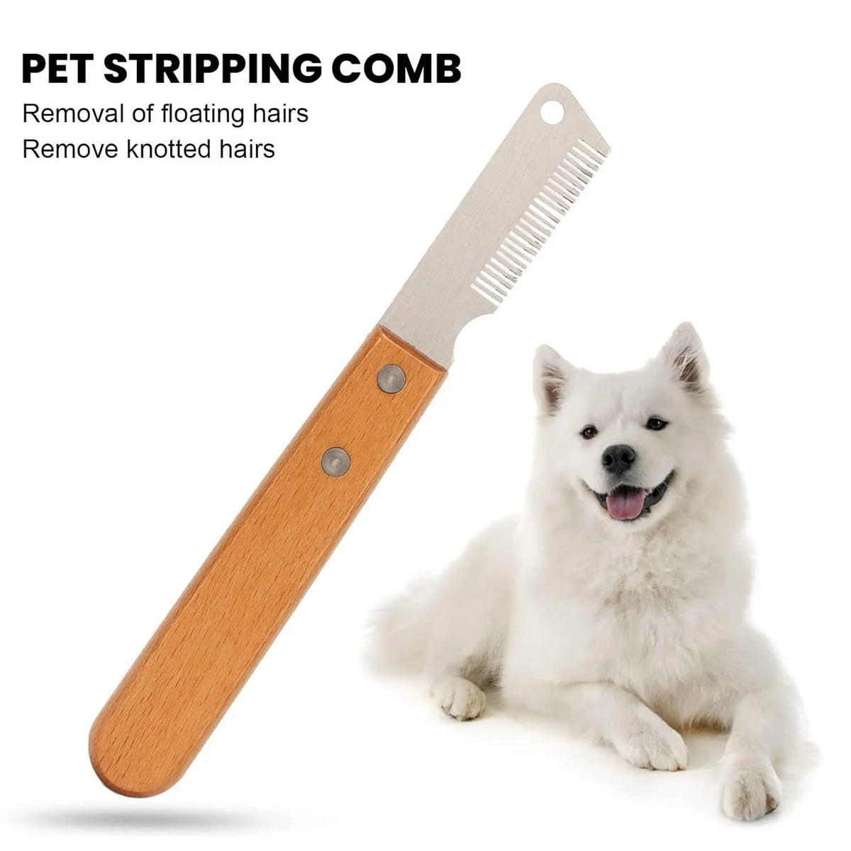 Pet stripping comb with wood handle and metal blade for dog and cat grooming.
