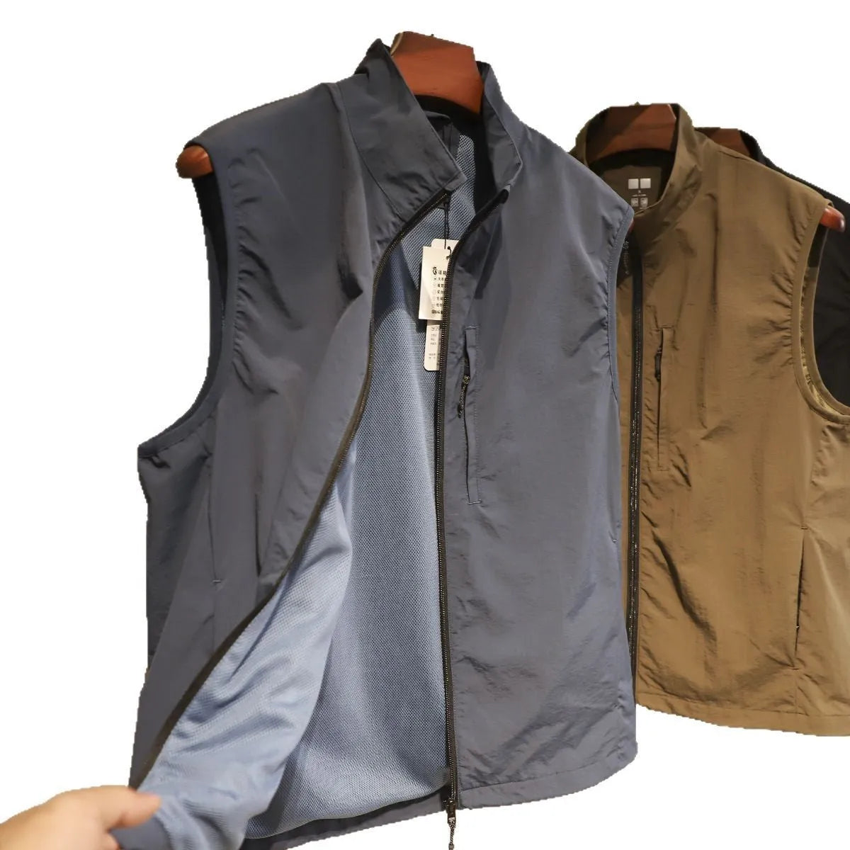 Men's straight-cut nylon vest cardigan in army green with side seam pockets, shown open as a lightweight layer.