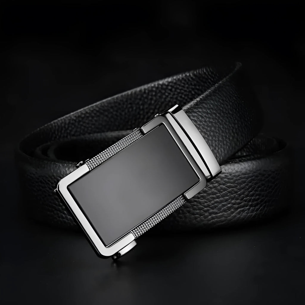 Men's leather belt with an automatic alloy buckle in a gun black electroplated finish.