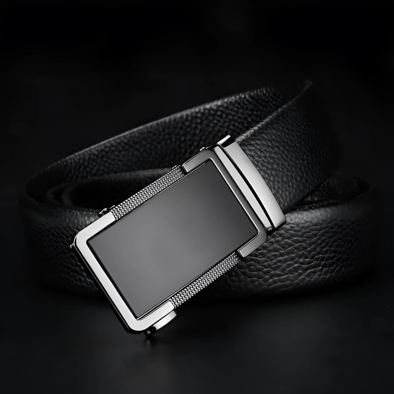 Men's leather belt with an automatic alloy buckle in a gun black electroplated finish.