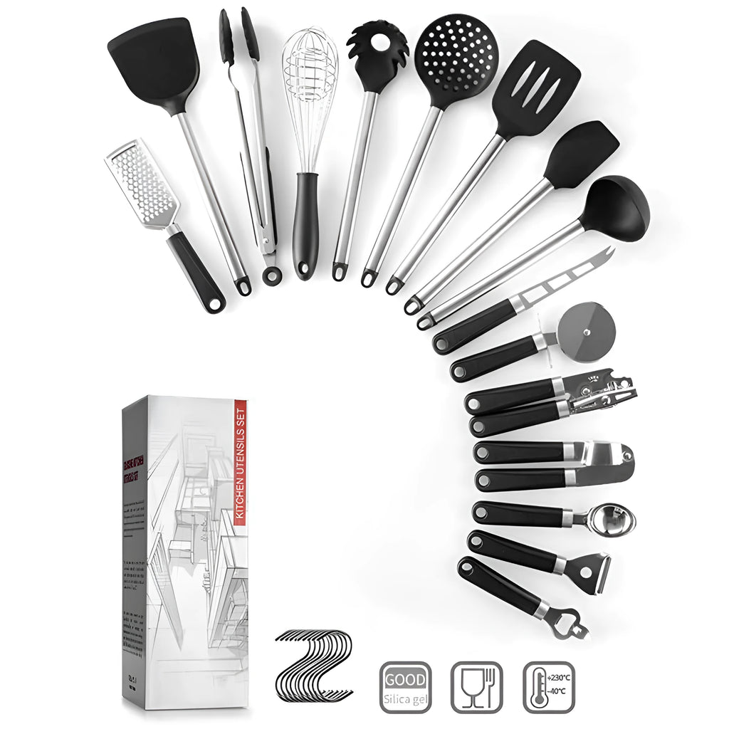 Black silicone-tipped cooking utensils with stainless steel handles, 16-piece set