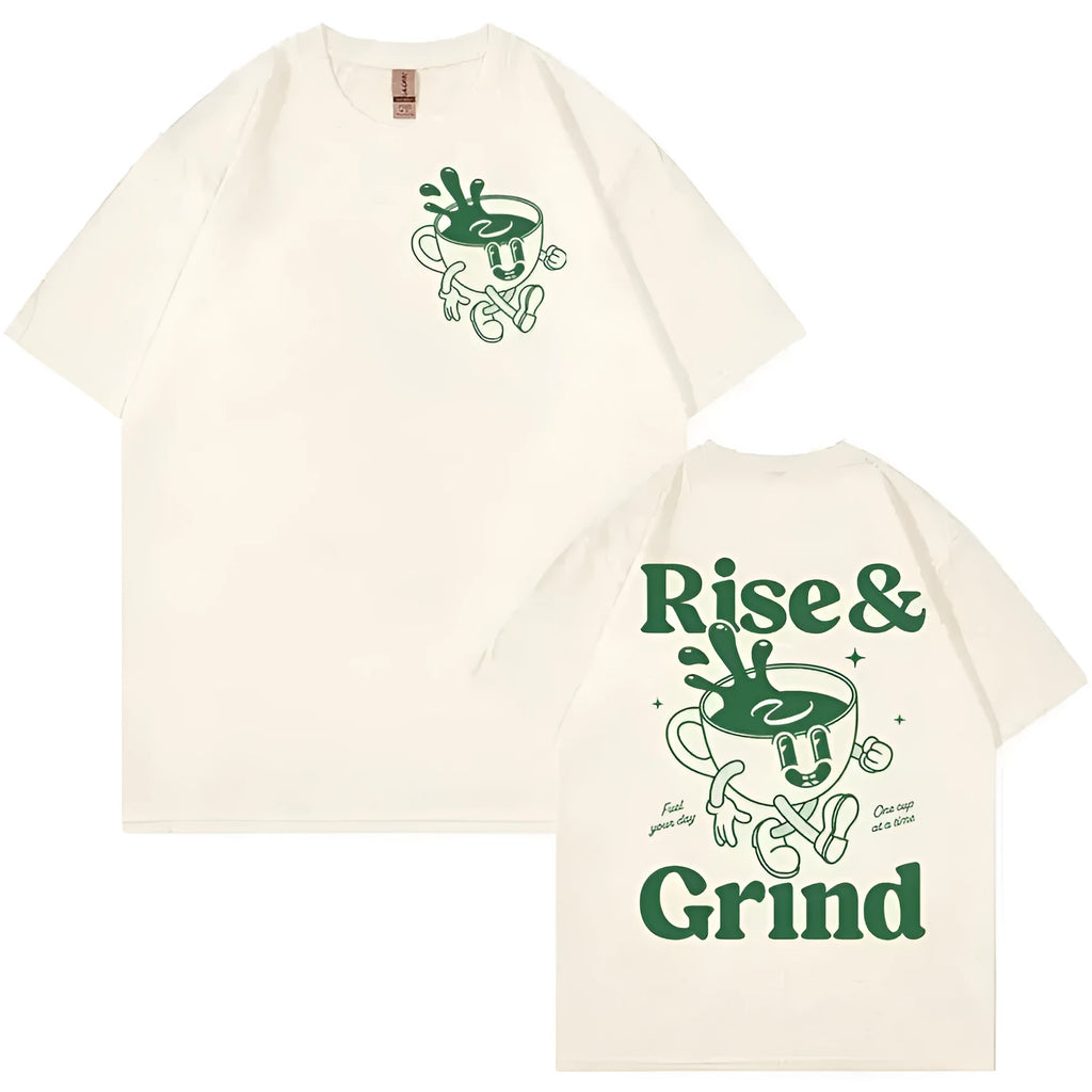 Man wearing a loose-fit linen t-shirt with a 'Rise And Grind Green Coffee Fun Expression Bag' cartoon graphic print.