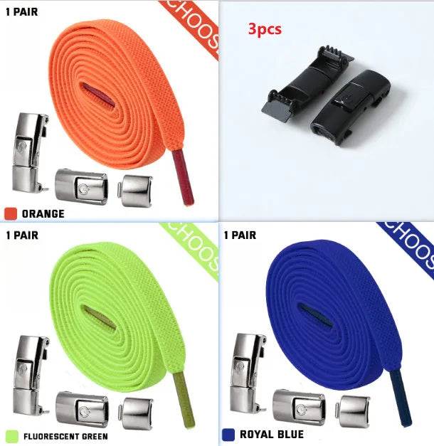 Press lock elastic no-tie shoelaces with widened 8mm flat profile in assorted colours