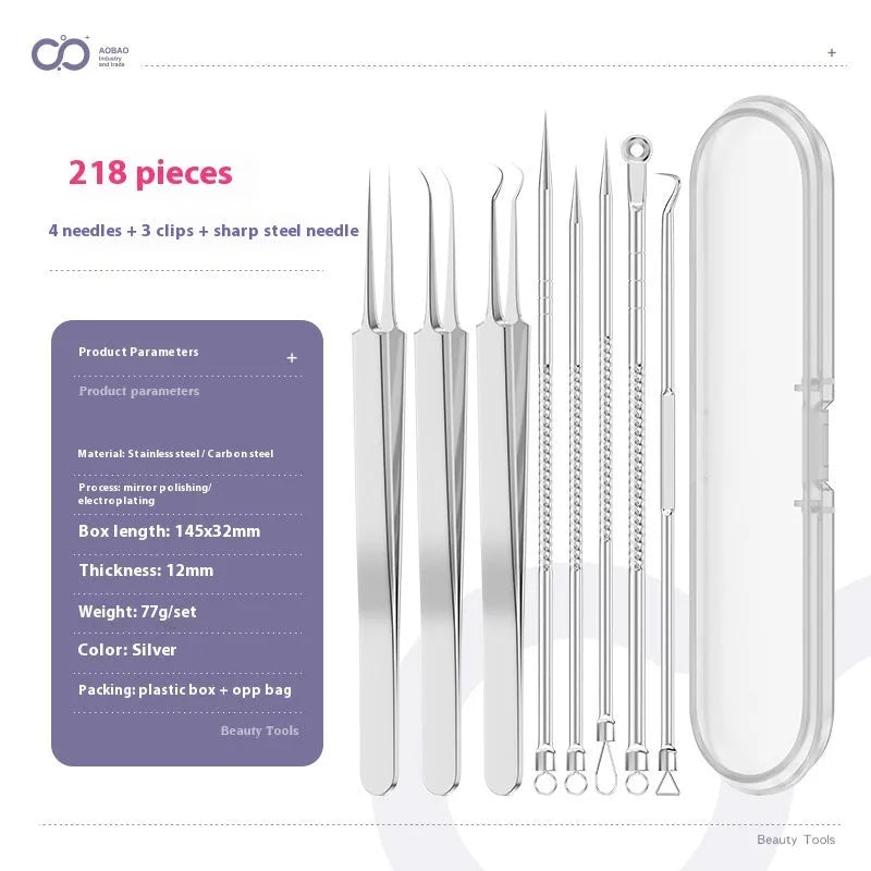 Four metal acne needles with ultra fine points stored in a black plastic clip.