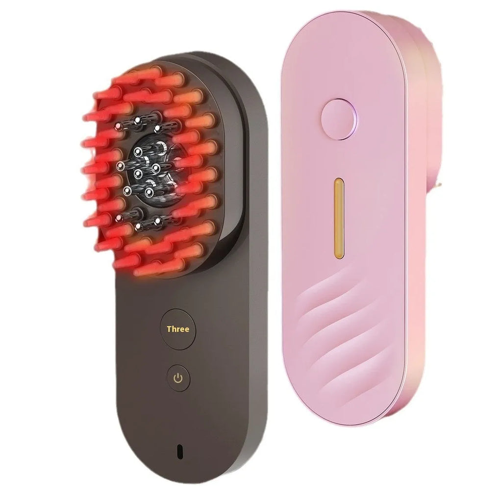 Smart massage comb with red light therapy function in black and pink colour options