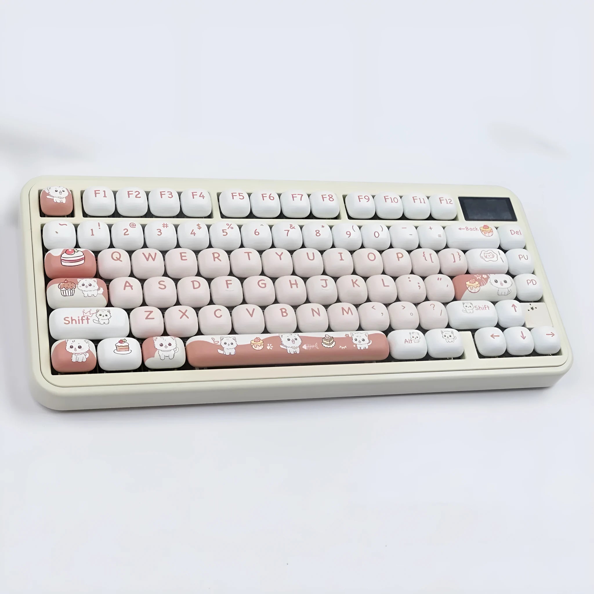 Round MOG profile mechanical keyboard keycaps featuring cute dessert cat sublimation design in boxed or bagged packaging