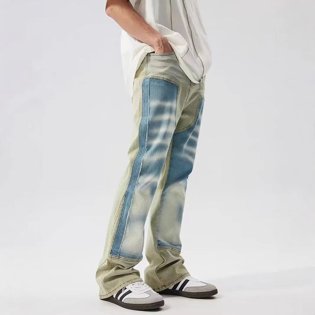 Men's retro jeans with yellow and blue patchwork denim and distressed detailing