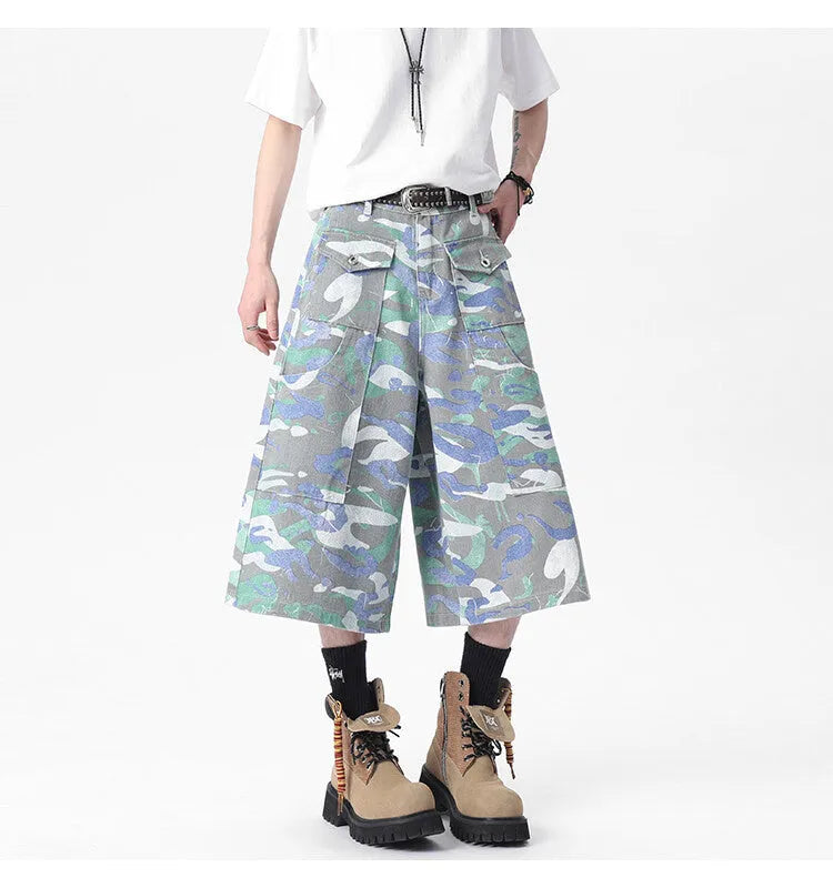 Camouflage cotton denim cropped trousers with straight leg cut and utility pockets