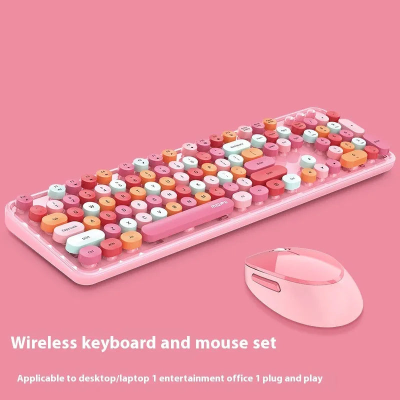 Wireless keyboard and mouse set on a desk, shown in a mixed colour option.