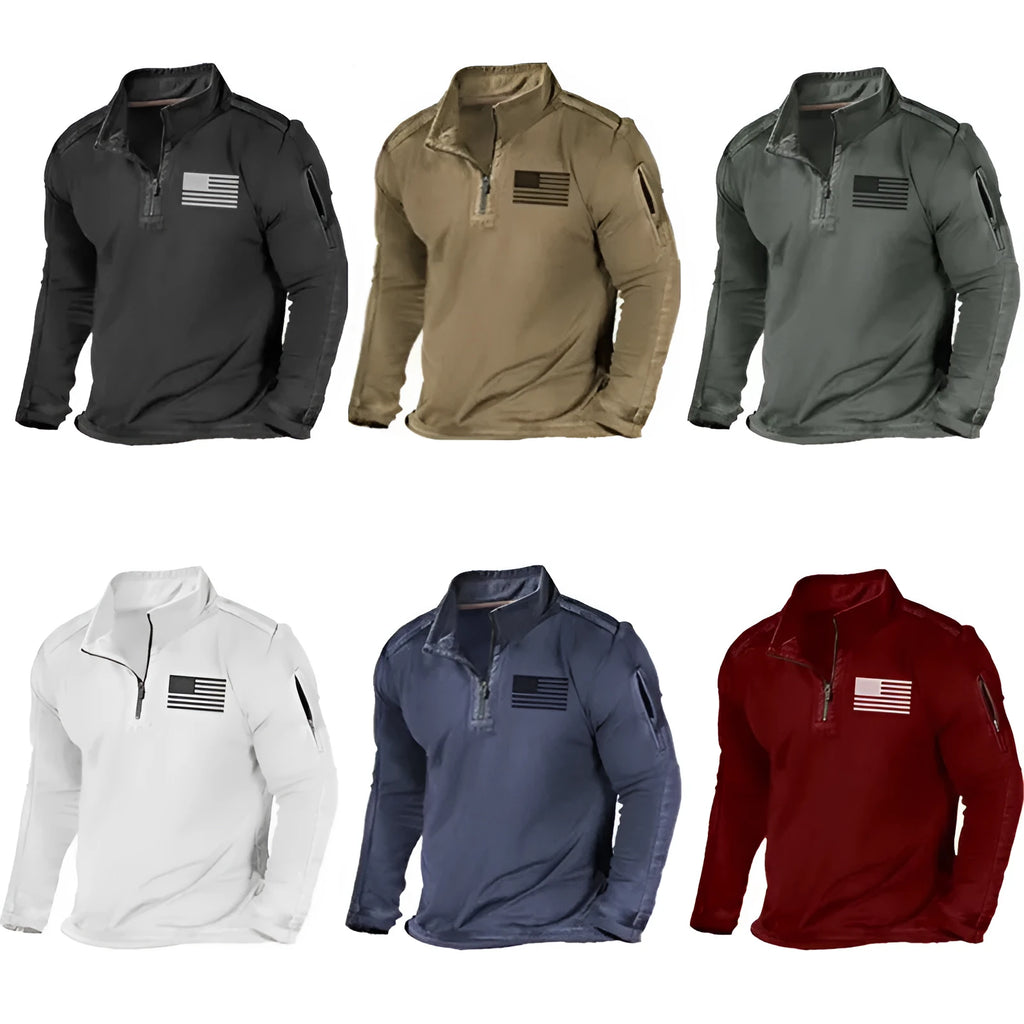 Men's dark coloured zip-up sweater with a stand collar and long sleeves laid flat.