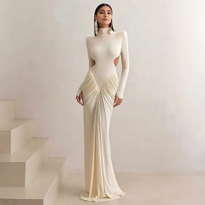Women's slim fit long sleeve dress with high collar and pleated backless detail in solid colour