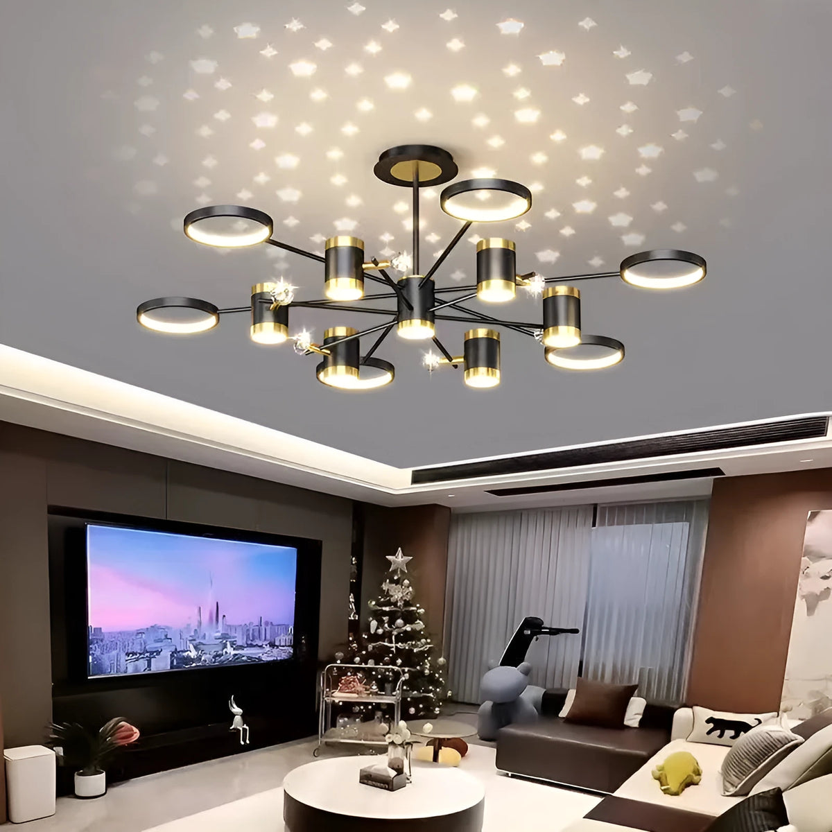 Black iron star-shaped ceiling chandelier with thirteen LED heads and a remote control.