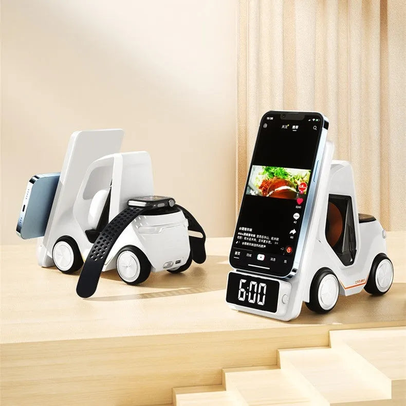 Grey, white, yellow, and orange 15W three-in-one wireless fast charging stand on a desk