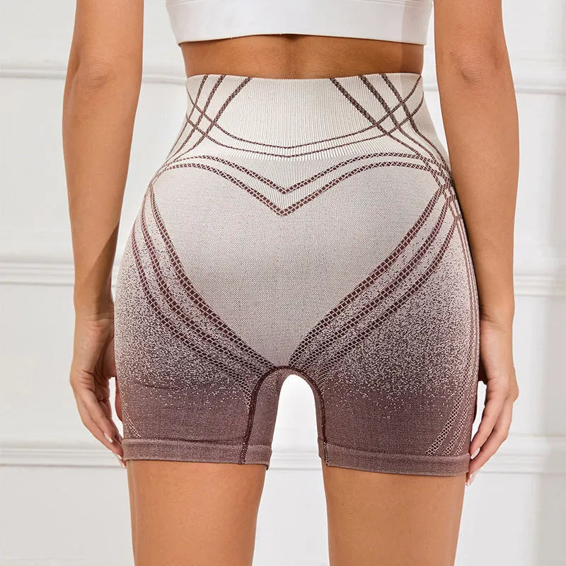 Women's high-waisted gradient fitness shorts in black or brown with Monsters Inc design for yoga and running