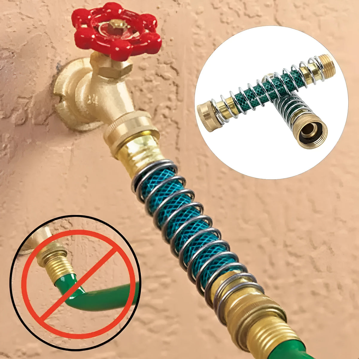 Brass garden hose connector with spiral spring anti-kink design, showing 3/4 inch threaded ends.