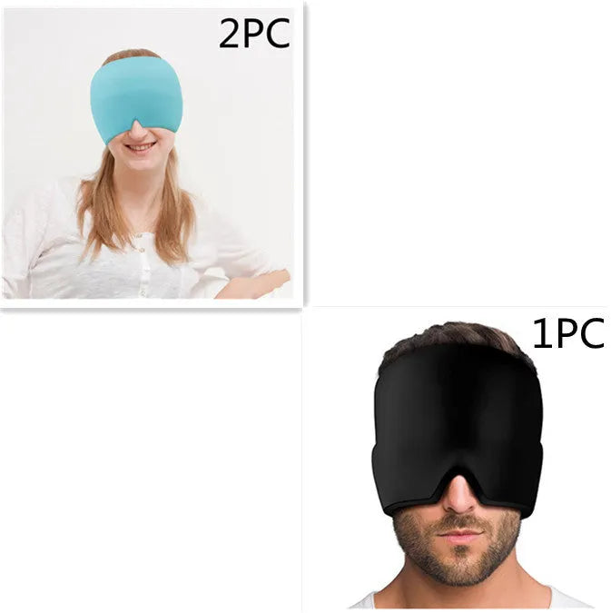 Black elastic cloth gel cooling eye mask for headache relief, shown with adjustable strap.