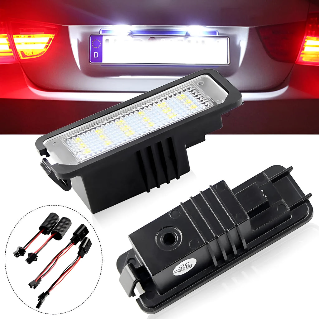 Volkswagen LED license plate light replacement kit with two white LED units for Golf, Polo, Phaeton models