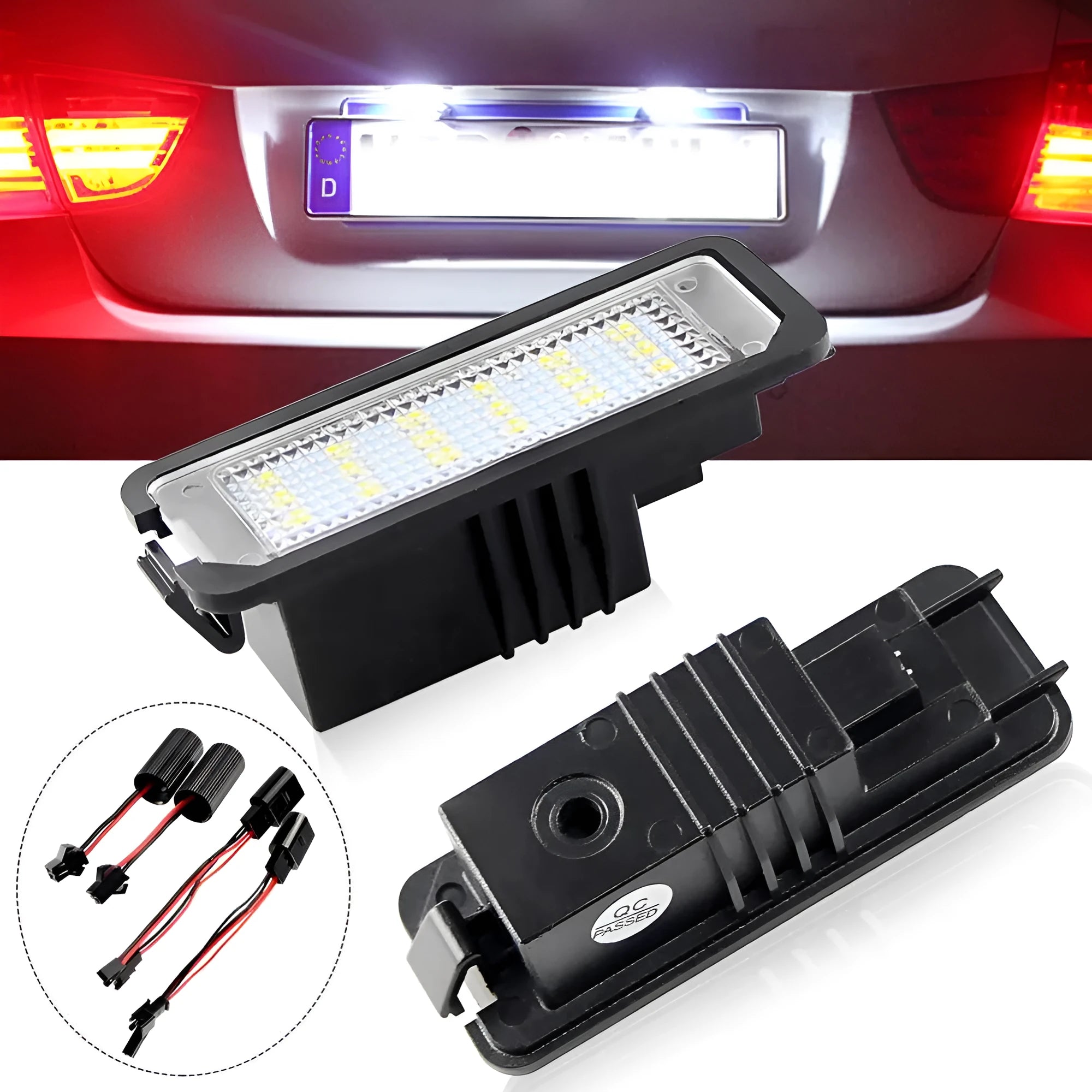 Volkswagen LED license plate light replacement kit with two white LED units for Golf, Polo, Phaeton models