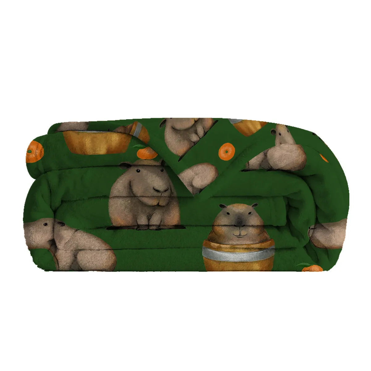 Flannel fleece blanket with orange capybara print, soft fluffy throw in three sizes with hemmed edges.