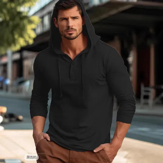 Cotton hoodie pullover in dark blue colour showing front view with long sleeves
