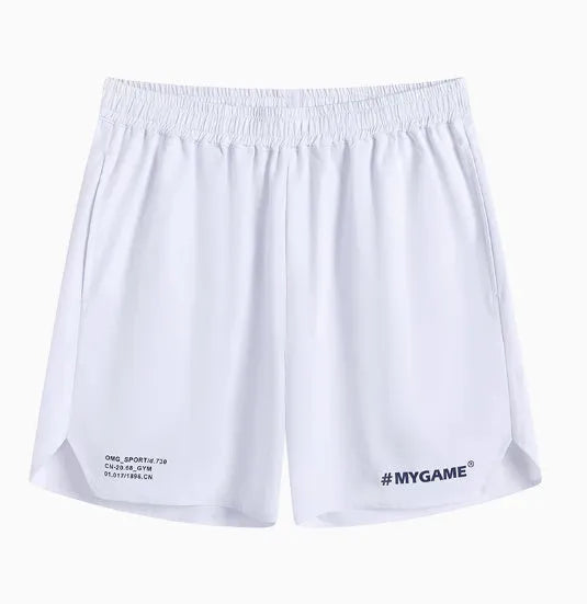 Men's blue training shorts with moisture-wicking fabric on a grey background.