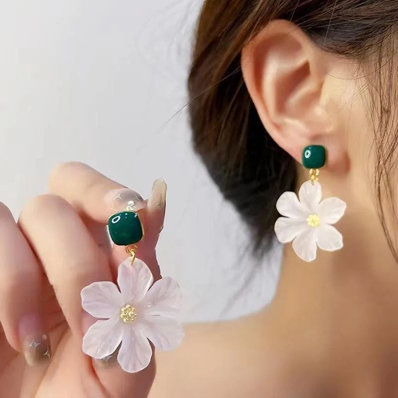 Dark green alloy earrings with needle flower design for women