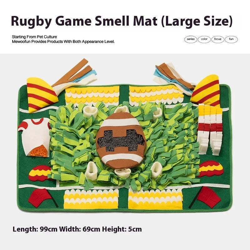 Garden Camping themed fabric dog sniffing mat for hiding treats as a puzzle activity.