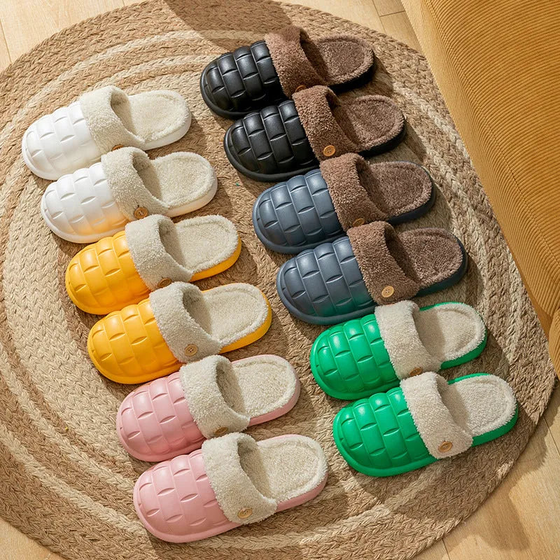 Plaid patterned detachable EVA slippers with plush lining shown in pink, green, yellow, white, grey and black.
