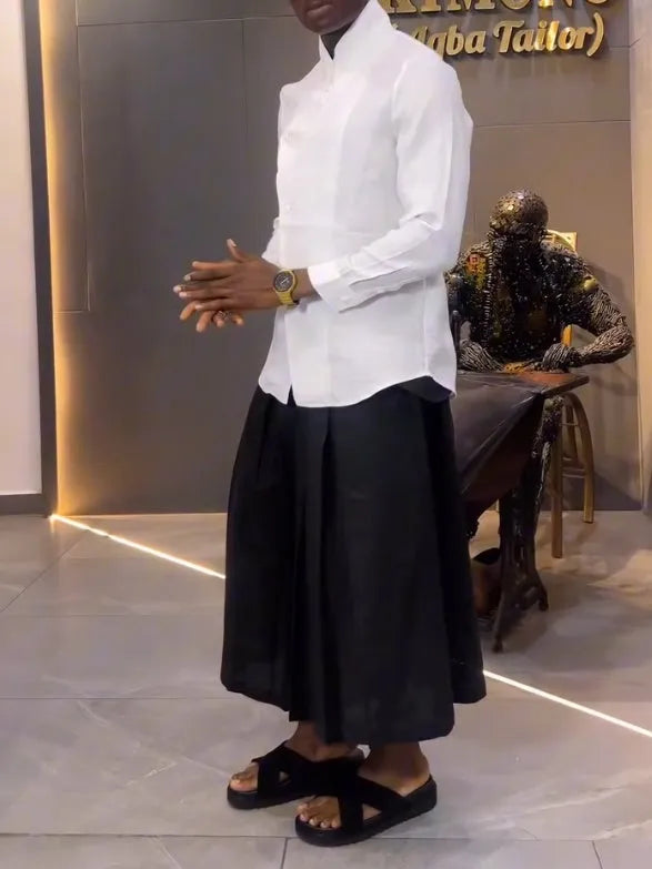 White asymmetric long sleeve shirt and black pleated trousers casual outfit set