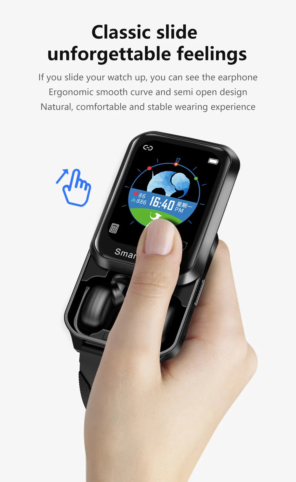 Smart bracelet with split-screen display showing call interface on black silicone wrist strap