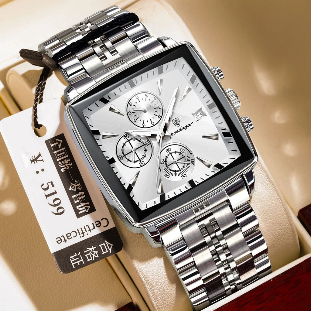 Square men's business watch with stainless steel strap and alloy case on wrist.