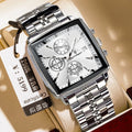 Square men's business watch with stainless steel strap and alloy case on wrist.
