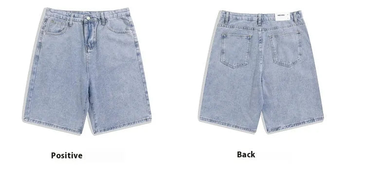 Men's light blue denim shorts showing straight leg and five-pocket design