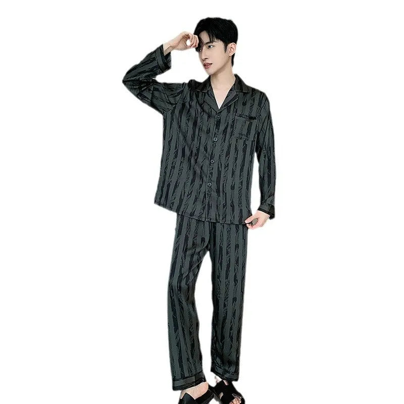 Men's black striped Ice Silk pajama set with long sleeves and trousers.