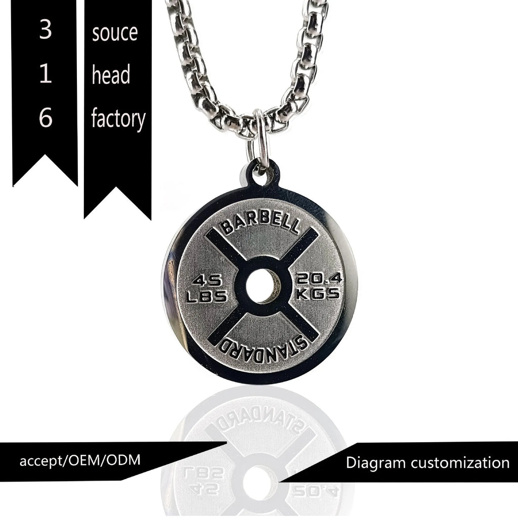 Polished stainless steel barbell disk pendant necklace with a choice of pearl, gold or black 60cm chains.