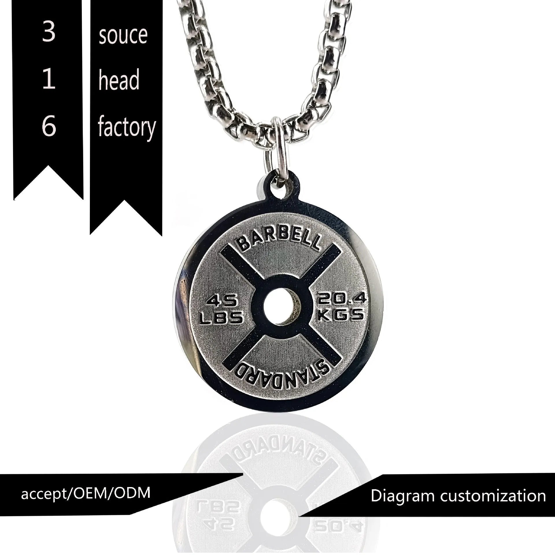 Polished stainless steel barbell disk pendant necklace with a choice of pearl, gold or black 60cm chains.