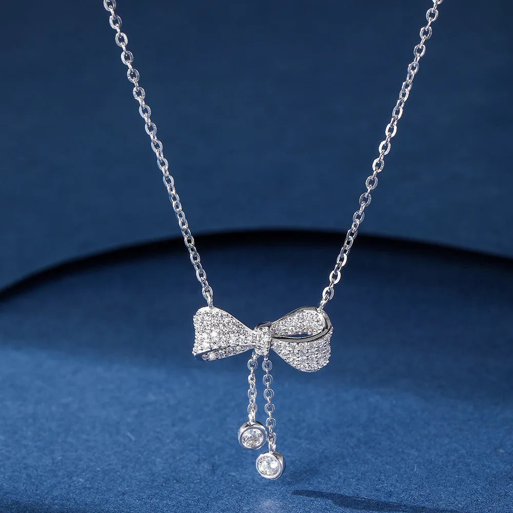 S925 sterling silver bow pendant necklace with O-ring chain, 40-45cm length